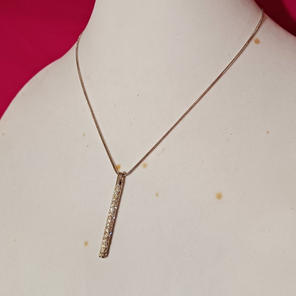 90s Vintage Silver Sparkly Rhinestone Bar Pendant Fashion Necklace - Picture 3 of 8